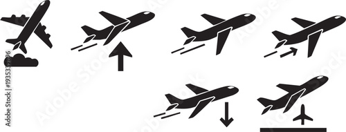 Six black airplanes in different flight positions with arrows on white background symbols