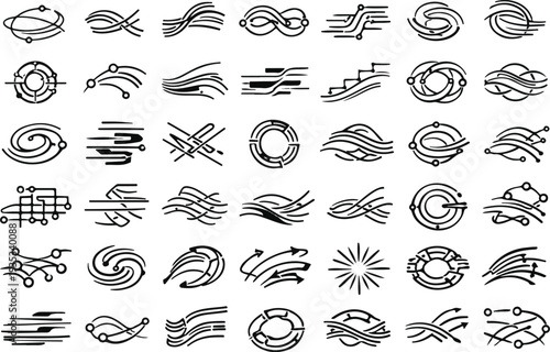 Abstract vector line art collection, futuristic tech swirls and geometric design elements set