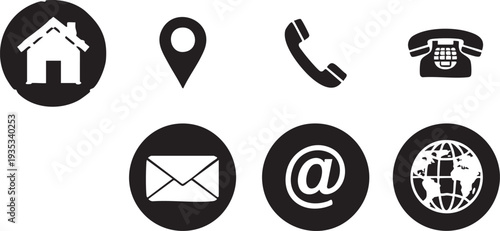Six black and white circular for communication and navigation monochrome business contact information web user interface
