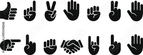 Large set of black hand gesture icons featuring thumbs up peace sign pointing handshake and various finger signals isolated on white