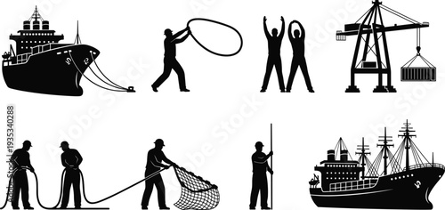 Maritime Port Operation Silhouette Set, Cargo Ship, Harbour Crane, Dock Workers, Fishing Net, Sailor, Marine Logistics, Vessel