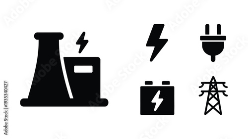 Energy and Power Generation Icon Set Featuring Nuclear Plant, Electric Plug, Battery and Lightning Bolt Symbols in Modern Flat Vector Style