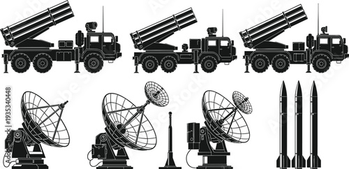 Military Defense System Silhouette Set, Missile Launcher Truck, Radar Dish, Surface to Air Missiles, Tactical Weapons