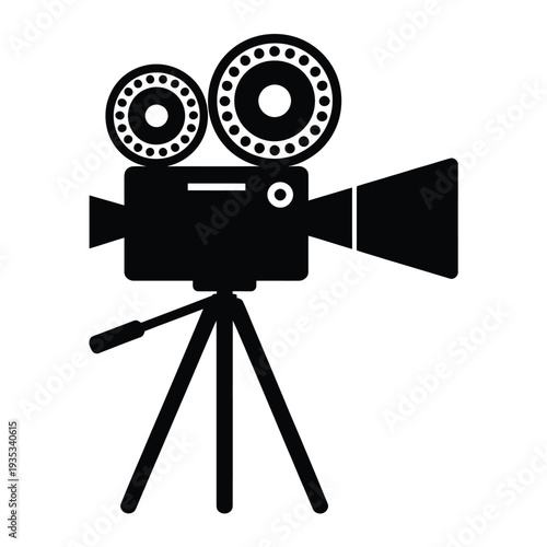 Black silhouette of a vintage movie camera on a tripod stand