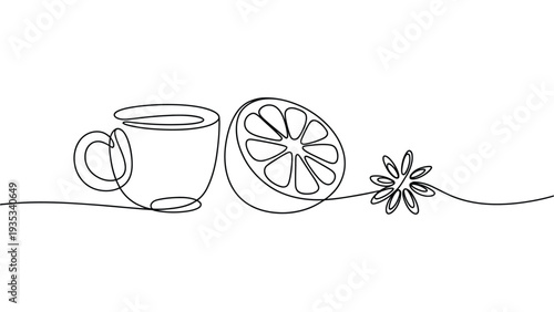minimal line art tea cup with lemon slice and star anise spice continuous line doodle style beverage outline illustration isolated on light background