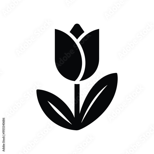 Simple black silhouette of a tulip flower with green leaves