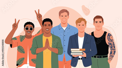 diverse group of young men friends standing together smiling friendship community diversity people lifestyle flat vector illustration