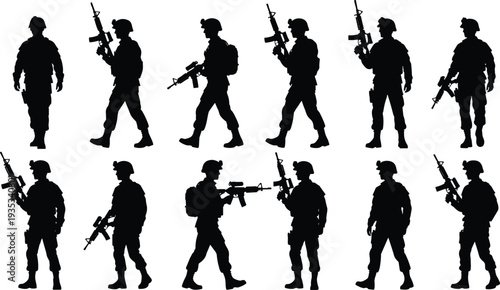 Military soldier silhouette set featuring armed infantry troops in tactical gear and various combat poses for defense and security designs