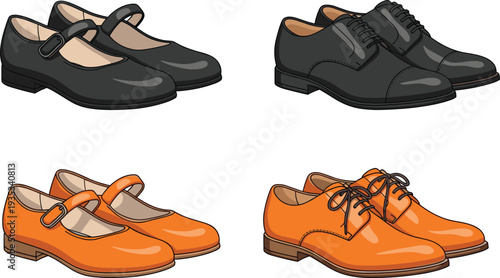 Set of formal dress shoes for men and women, black and orange leather oxfords and mary jane flats, footwear collection