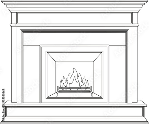 Classic fireplace with burning fire flames, indoor home heating interior architectural element, coloring book page vector line art illustration