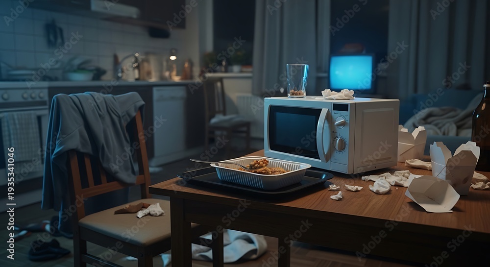 Fototapeta premium messy kitchen table with microwave and food
