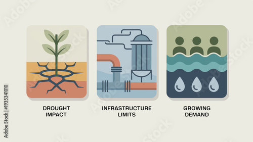 Modern infographic featuring drought impact infrastructure limits and growing demands illustrating environmental challenges