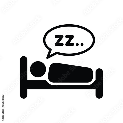 Simple black icon depicting a sleeping person in a bed with zzz s