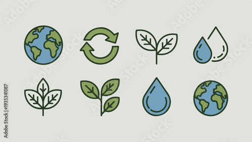 Clean vector illustration set featuring eco friendly earth recycling symbol leaves and water drops on a simple background