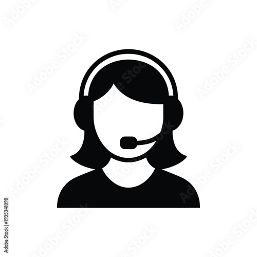 Simple black icon depicting a person with a headset and microphone