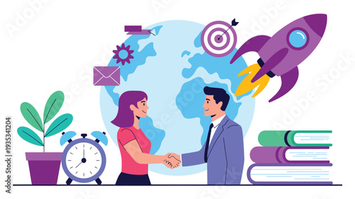 global business partnership and startup growth concept with handshake world map rocket launch communication strategy flat vector illustration