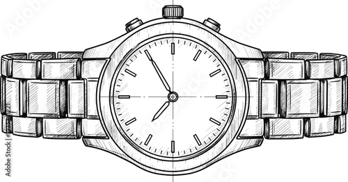 Classic wrist watch vector illustration, hand drawn sketch of luxury timepiece with metal strap, elegant chronograph for business style