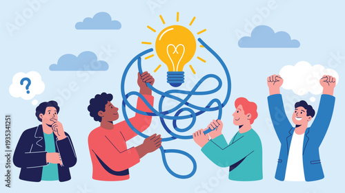 creative problem solving and teamwork concept with people untangling messy ideas into bright light bulb solution collaboration flat vector illustration
