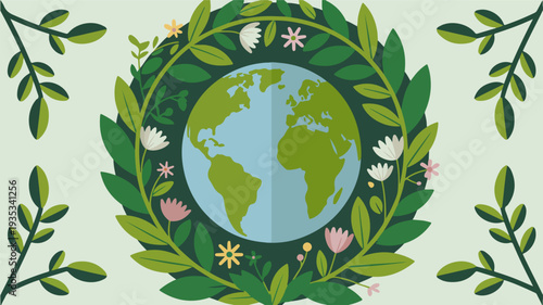 Flat vector illustration of earth surrounded by lush greenery and flowers symbolizing environmental conservation and harmony with nature