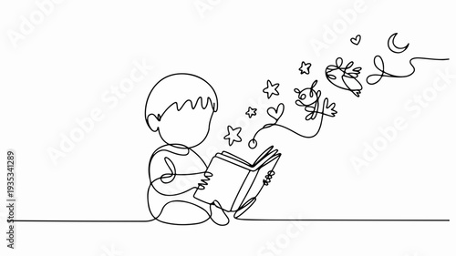 Minimalist continuous line drawing of a child reading a book with imaginative thoughts of stars hearts and a crescent moon