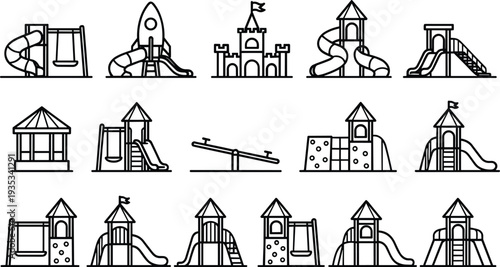 Playground equipment icon set featuring slides swings seesaws rocket ships and castle towers for park design school recreation and childhood