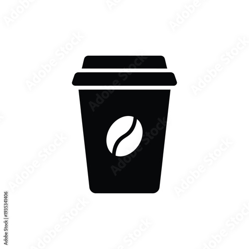 Simple black and white icon of a coffee cup with a bean