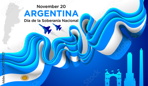 Argentina Independence Day Background with Sky Blue White Ribbon and National Landmarks