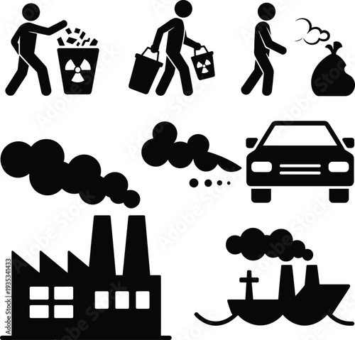 Pollution vector illustration, human waste disposal, factory smoke, car exhaust, ship emissions, environmental damage artwork, hazardous waste design, ecology awareness