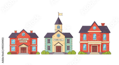 Colorful illustration of a town hall school and residential house