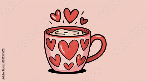 Heart patterned ceramic mug with coffee or tea valentine's day gift illustration pink background love symbol