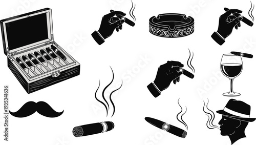 Premium cigar lifestyle vector icons featuring humidor box, ashtray, smoking hands, lit tobacco, mustache, gentleman in hat, and cognac glass.