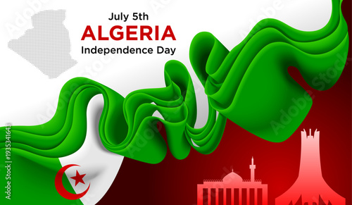Algeria Independence Day Background with Green White Red Ribbon and National Landmarks