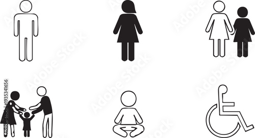 Six black and white human on white background human stick figures isolated people person