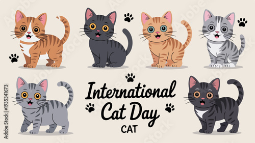 Cute cat illustration pack for international cat day featuring six different kittens in various colors and poses on cream background