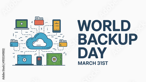 World backup day flat vector design template with cloud storage devices and digital security icons on march 31st