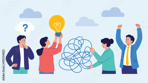 problem solving and idea generation concept with team untangling messy thoughts into bright light bulb solution teamwork creativity flat vector illustration