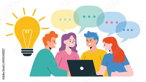 creative team brainstorming and collaboration concept with people discussing ideas around laptop and light bulb innovation teamwork flat vector illustration
