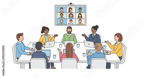 Team meeting with video conference participants displayed on a large screen