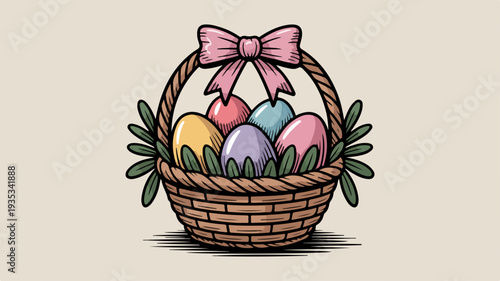 Colorful easter eggs in a wicker basket with pink bow and green leaves on beige background festive spring illustration