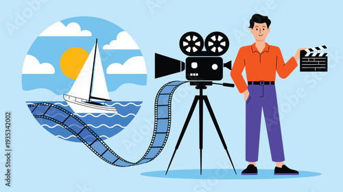 videographer recording ocean sailboat scene with vintage movie camera and film reel filmmaking production concept creative media flat vector illustration