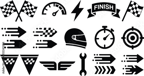Racing icon set, checkered flag silhouettes, speed competition symbols, finish line banner, fast motion arrows, automotive sports vector, stopwatch timer.