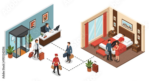 Isometric illustration of a hotel lobby and guest room service