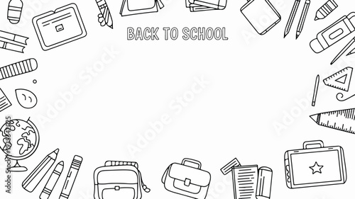 Back to school doodle border with globe books and stationery in simple line art style on white background