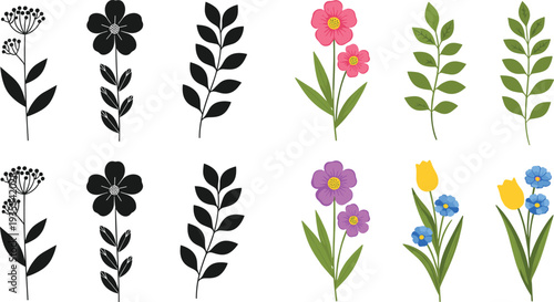 Collection of colorful flowers and green leaves with black silhouettes, floral design elements, spring nature botanical icons, isolated on white background