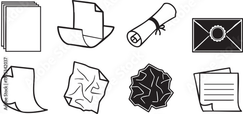 Six black and white of documents and papers crumpled paper rolled up paper