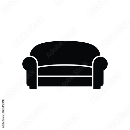 Simple black silhouette of a classic cushioned sofa on white background