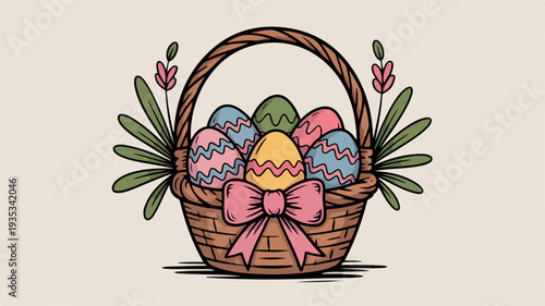 Cute easter basket filled with colorful painted eggs decorated with flowers and pink bow isolated on beige background spring celebration concept