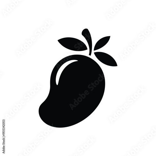 Simple black silhouette of a mango with a leafy green stem