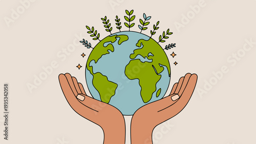 Hands holding earth with tiny plants and leaves symbolizing environmental care and conservation in a simple illustration style