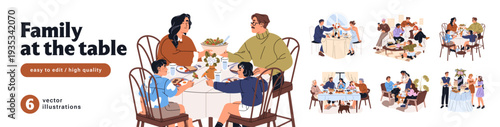 Family at the table set. People have lunch or dinner together. Friends, parents and kids are gathering for eating. Couple on romantic date in restaurant. Flat isolated vector illustrations on white